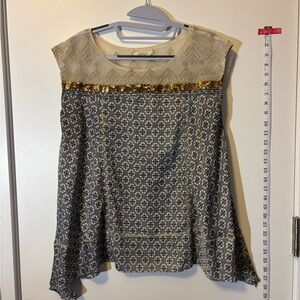 Anthropologie Floreat Gray and Gold Patterned Blouse
